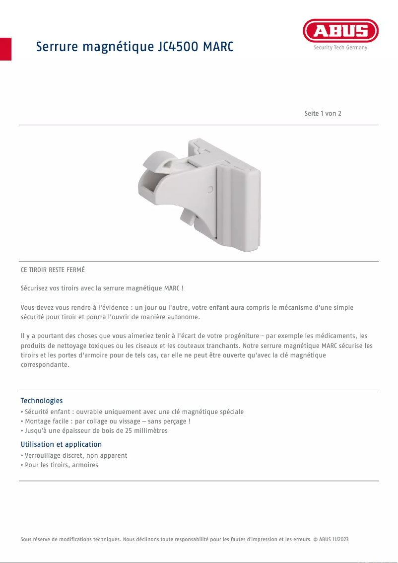 Page n°1 - Fiche technique Abus MARC JC4500