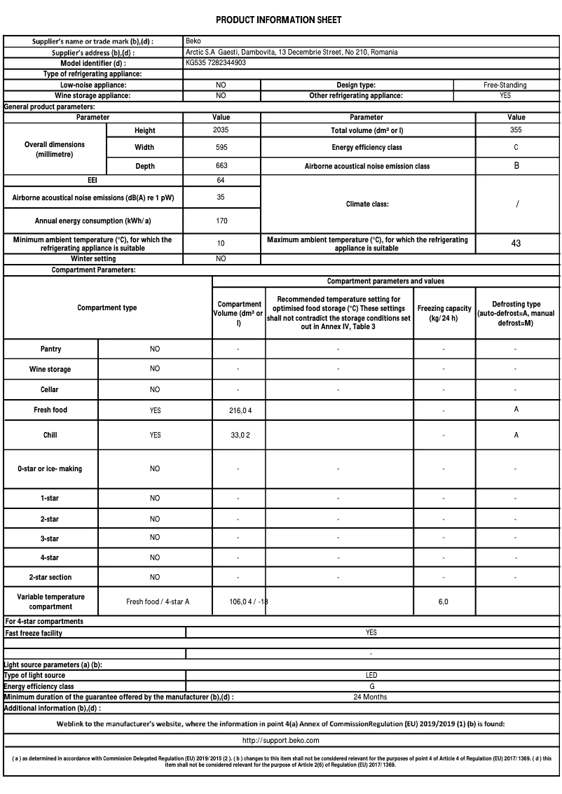 Page 1 de la notice Fiche technique Beko KG535