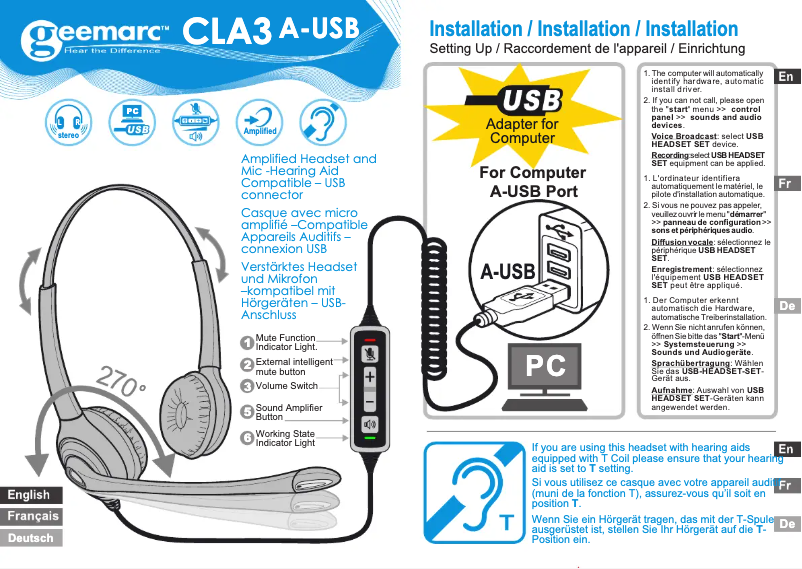 Page 1 de la notice Manuel utilisateur Geemarc CLA3 A-USB