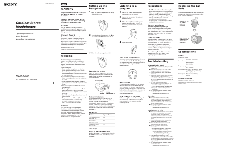 Page n°1 - Manuel utilisateur Sony MDR-IF230