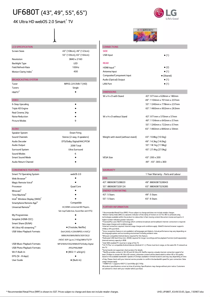 Page 1 de la notice Fiche technique LG 55UF680T