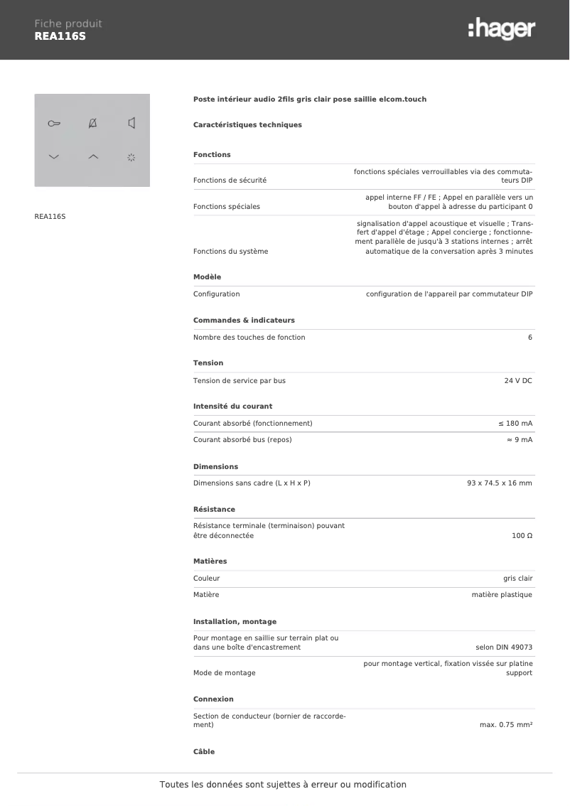 Page 1 of the manual Technical Sheet Elcom REA116S
