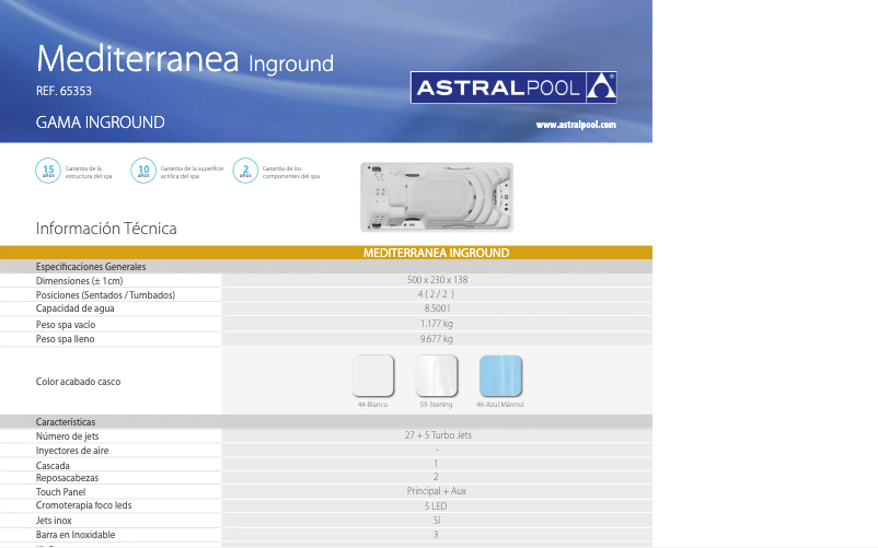 Page 1 de la notice Fiche technique AstralPool Swimspa Méditerranea