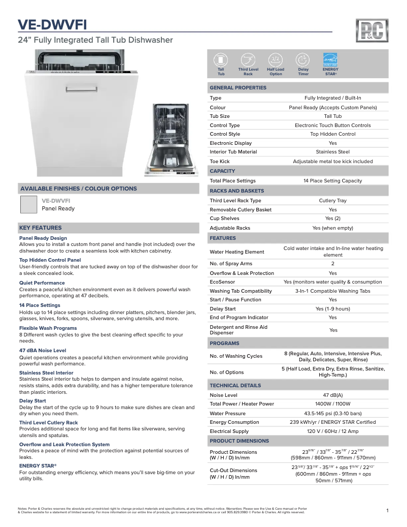 Page 1 de la notice Fiche technique Porter & Charles VE-DWVFI