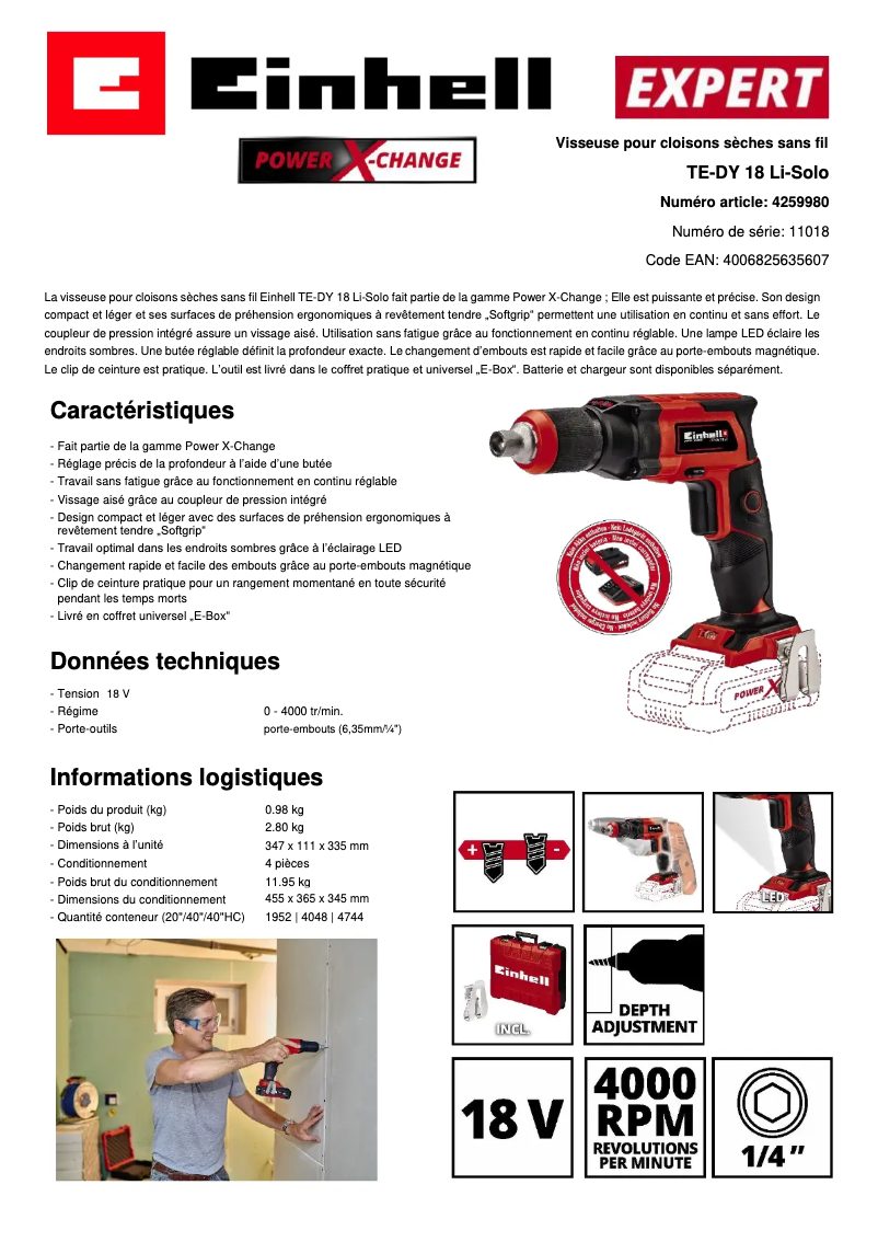 Page 1 de la notice Fiche technique Einhell TE-DY 18 Li-Solo