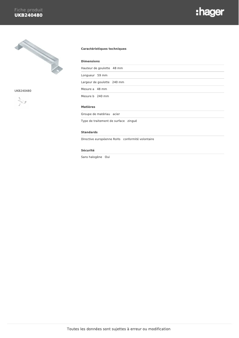 Page 1 de la notice Fiche technique Hager UKB240480