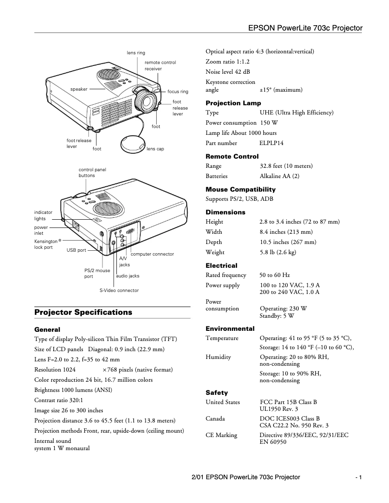 Page 1 de la notice Fiche technique Epson PowerLite 703c