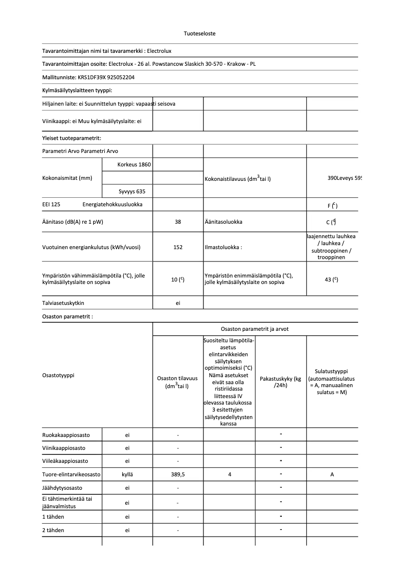 Page 1 de la notice Fiche technique Electrolux KRS1DF39X