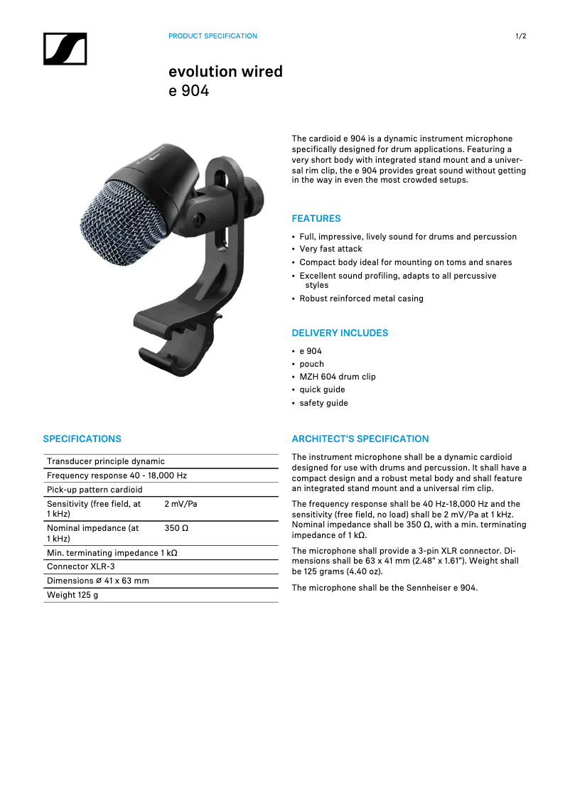 Page 1 de la notice Fiche technique Sennheiser e 904