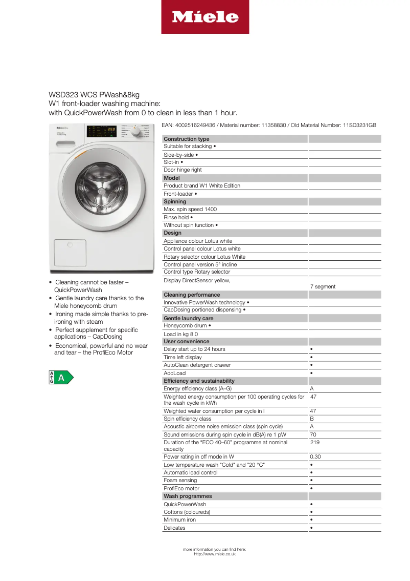 Page n°1 - Fiche technique Miele WSD323 WCS PWASH&8KG