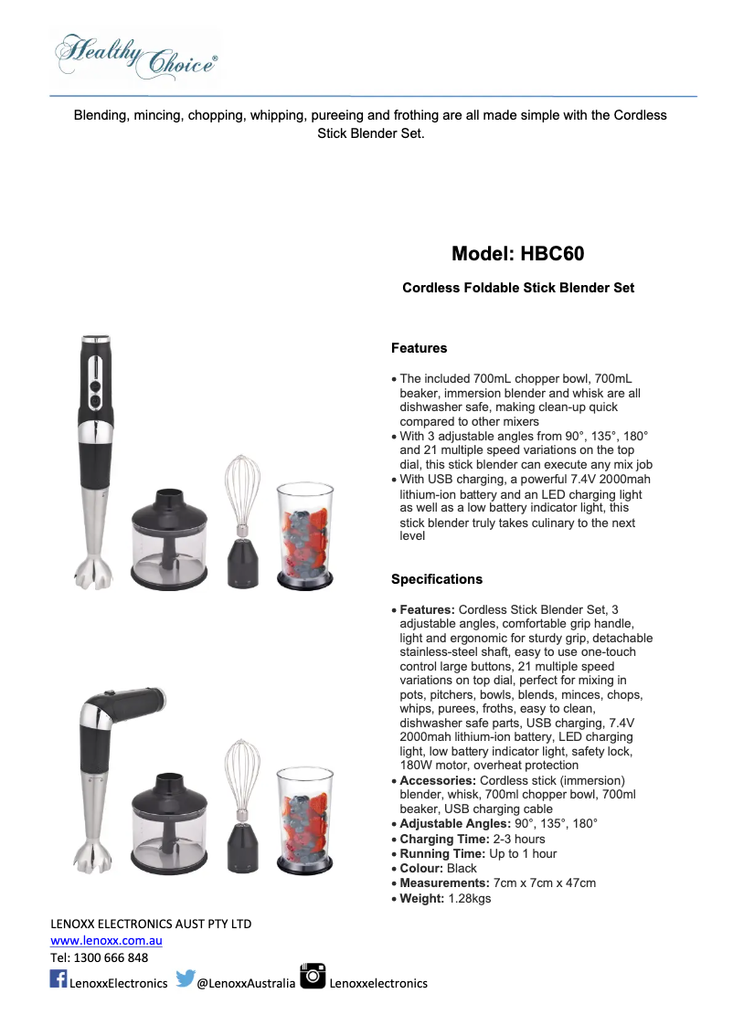 Page n°1 - Fiche technique Healthy Choice HBC60