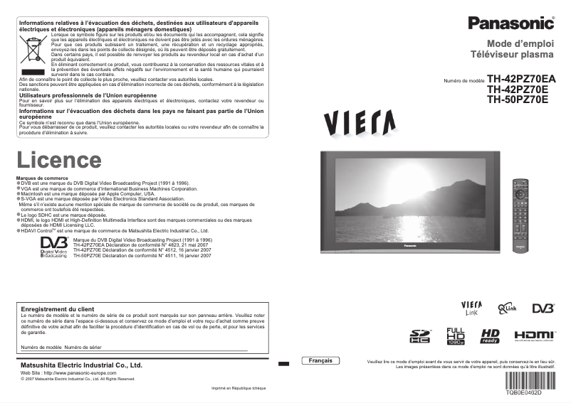 Page n°1 - Manuel utilisateur Panasonic TH-50PZ70E