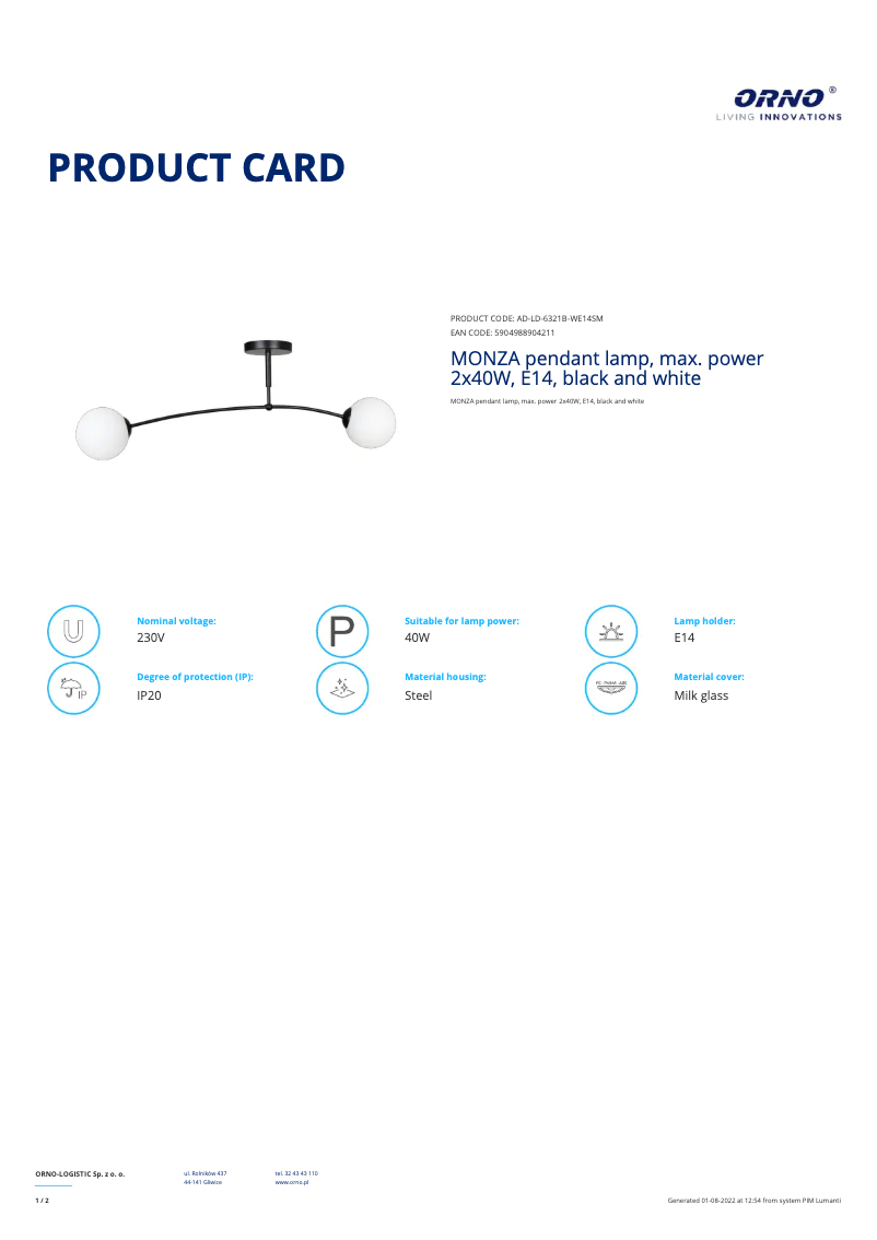 Page 1 de la notice Fiche technique Adviti AD-LD-6321B-WE14SM