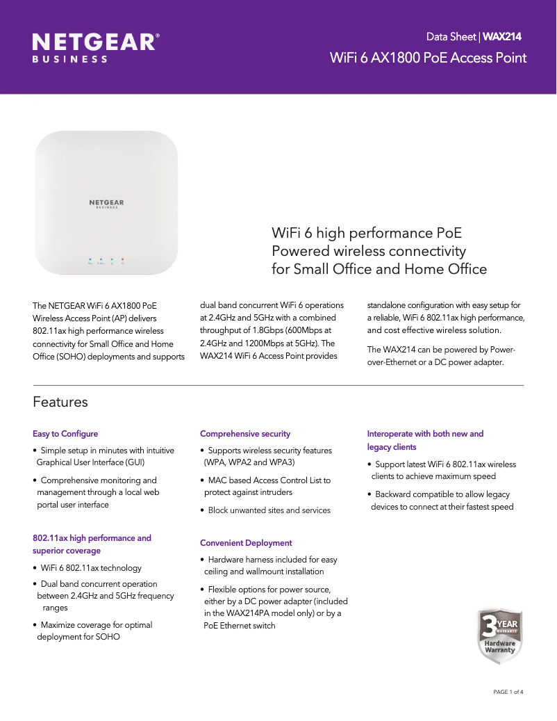 Page 1 de la notice Fiche technique Netgear WAX214PA
