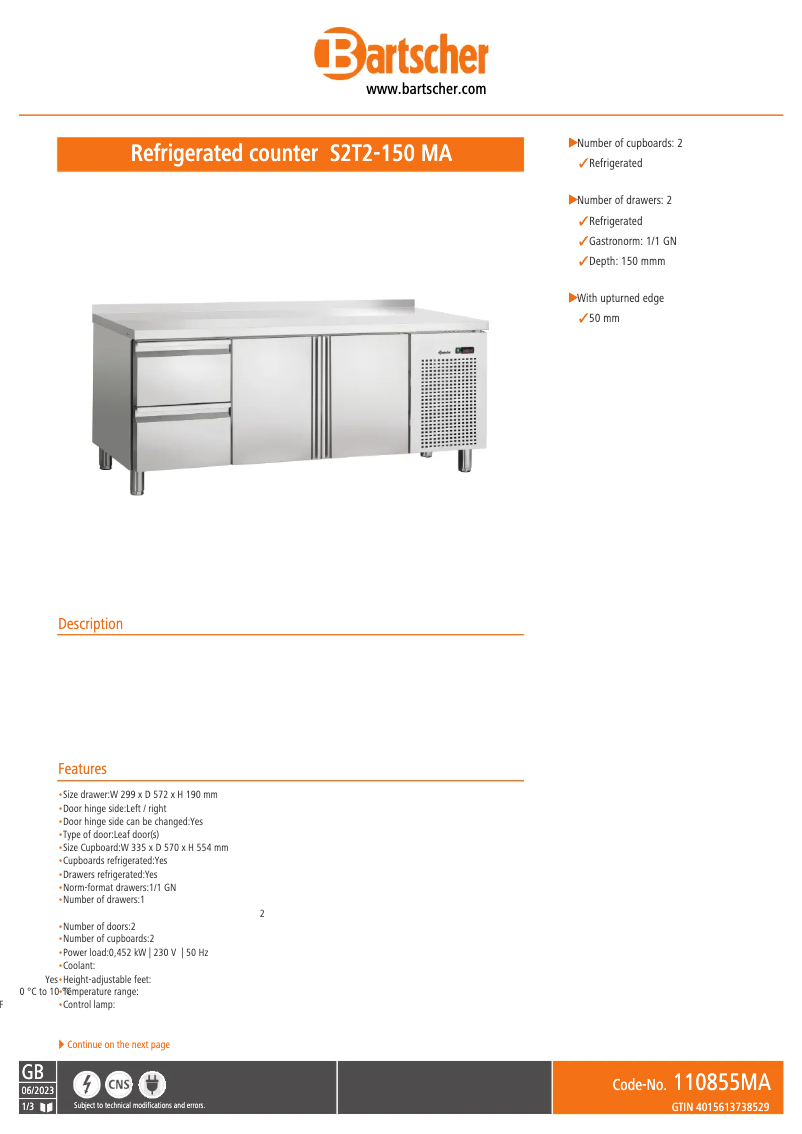 Page 1 de la notice Fiche technique Bartscher S2T2-150