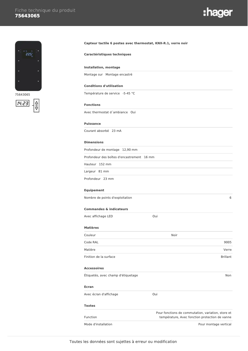 Page 1 de la notice Fiche technique Hager 75643065