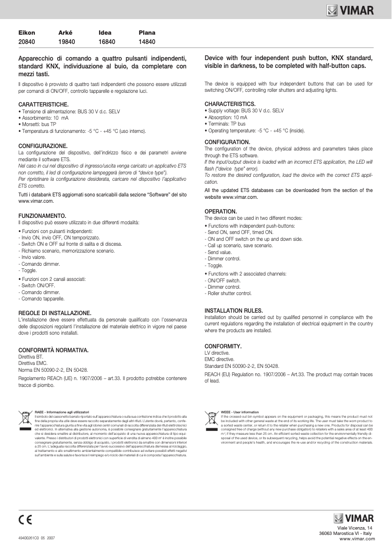 Page n°1 - Manuel utilisateur Vimar 16840