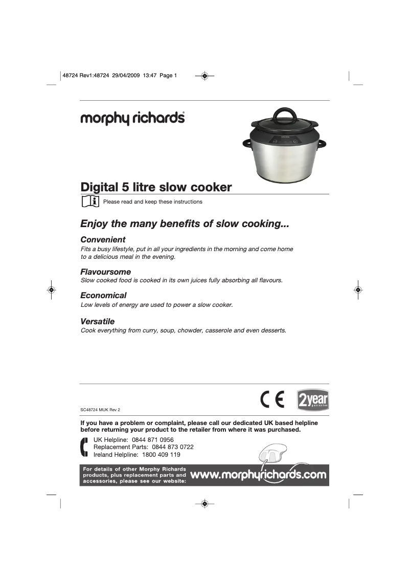 Page 1 de la notice Manuel utilisateur Morphy Richards Digital 5 litre slow cooker