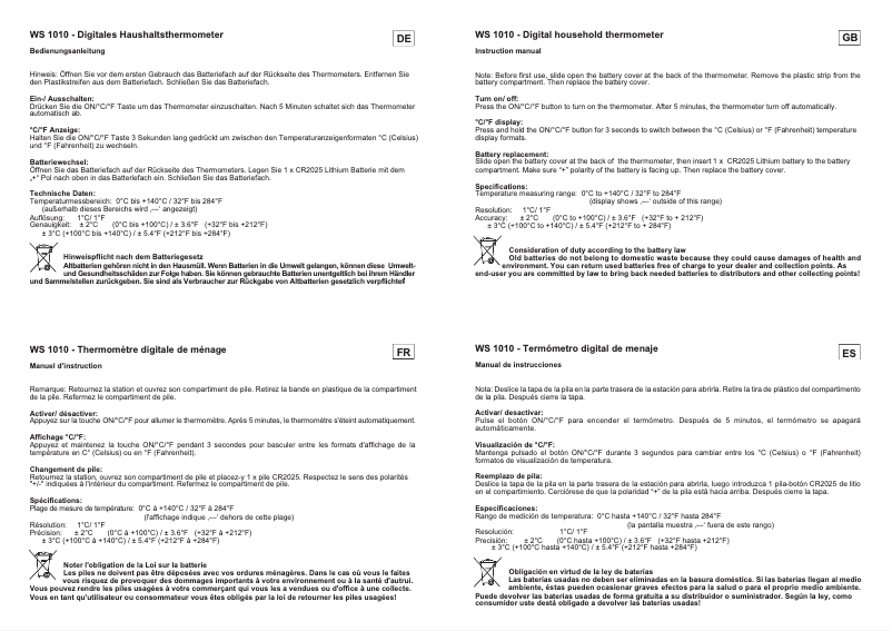 Page 1 de la notice Manuel utilisateur Techno Line WS 1010