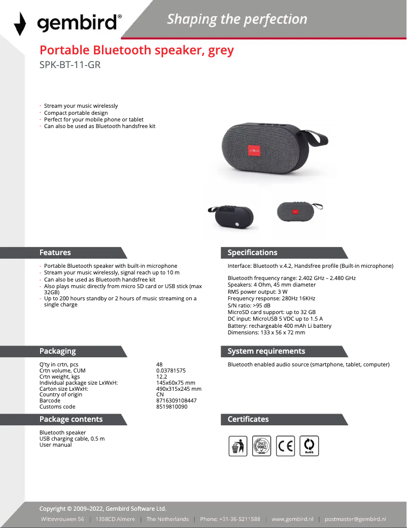 Image de la première page du manuel de l'appareil SPK-BT-11