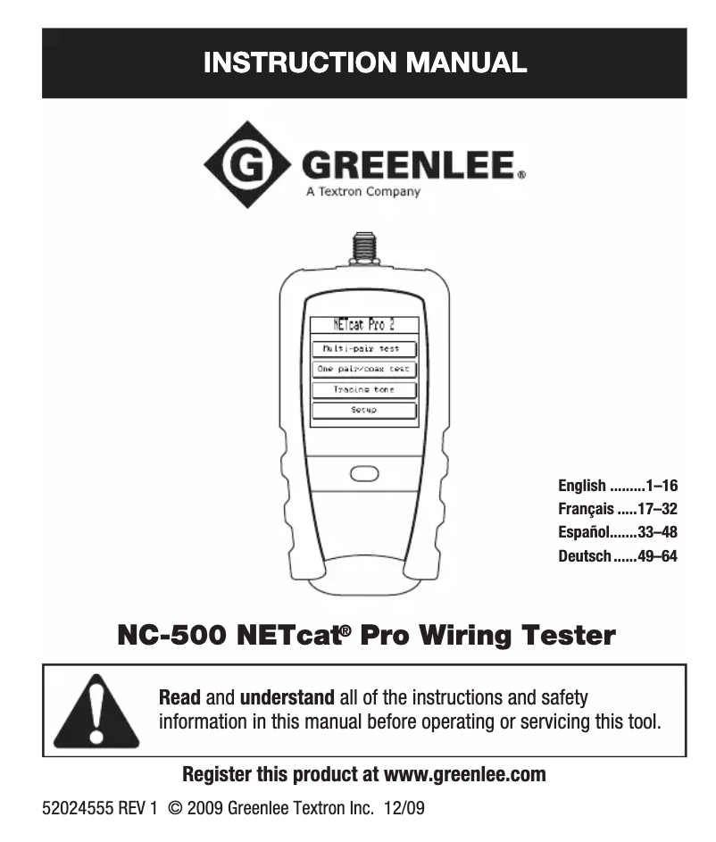 Página 1 del manual Manual de usuario Greenlee NC-500