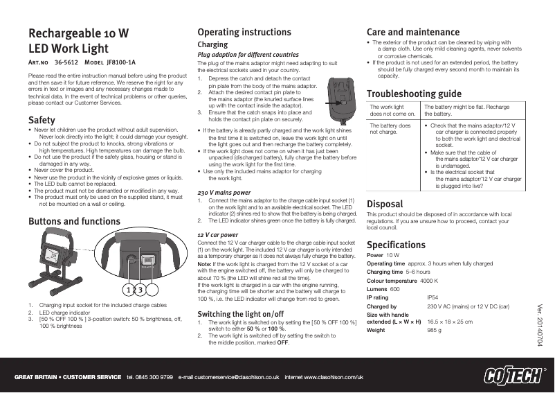 Page n°1 - Manuel utilisateur Cotech JF8100-1A