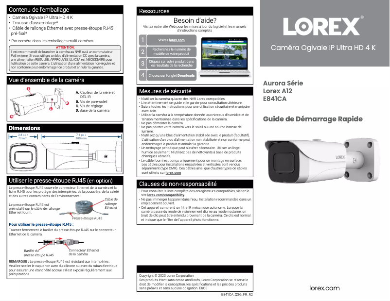 Page 1 de la notice Guide de démarrage rapide Lorex E841CAA