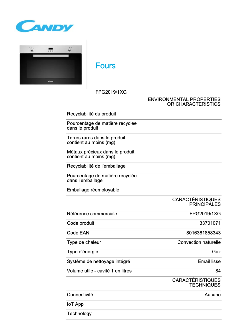 Page 1 de la notice Fiche technique Candy FPG2019/1XG