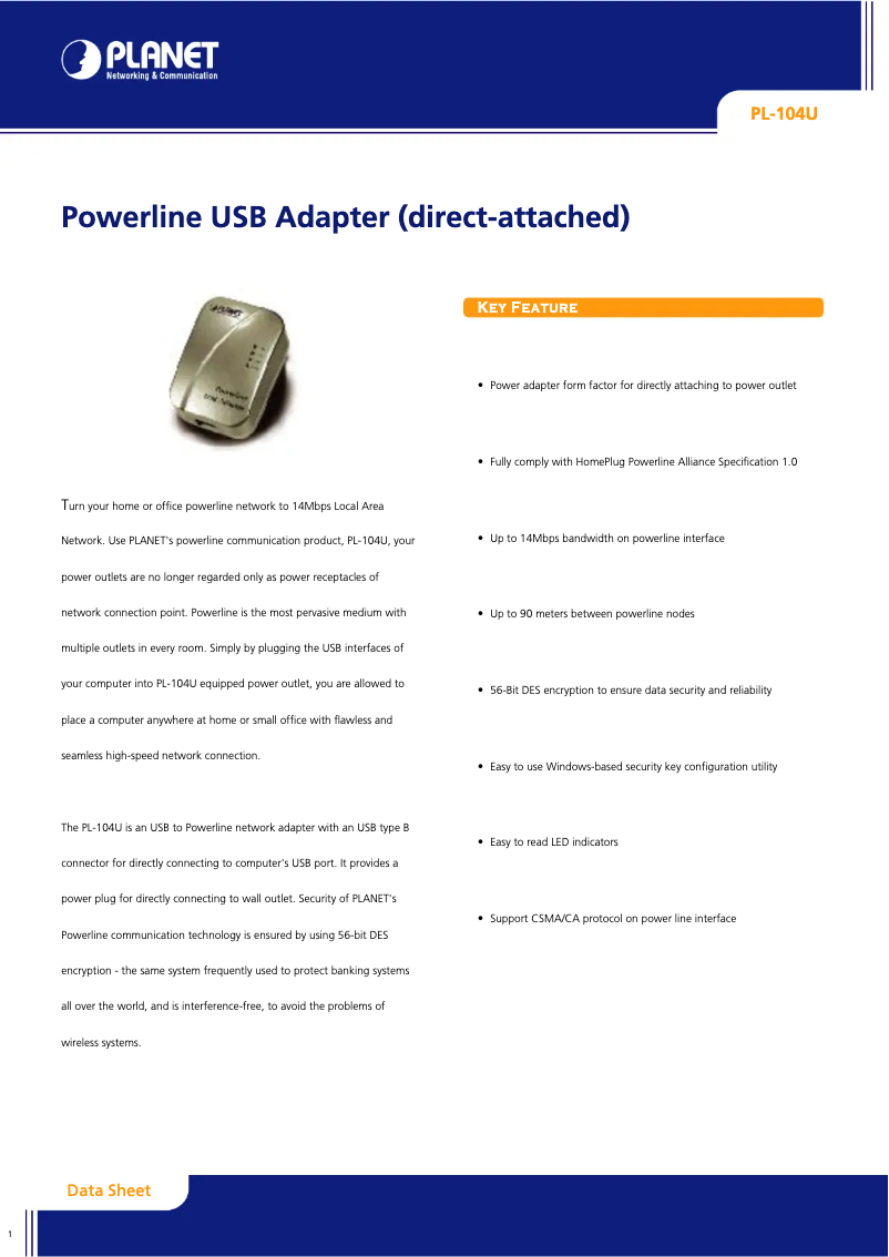Page 1 de la notice Fiche technique Planet PL-104U