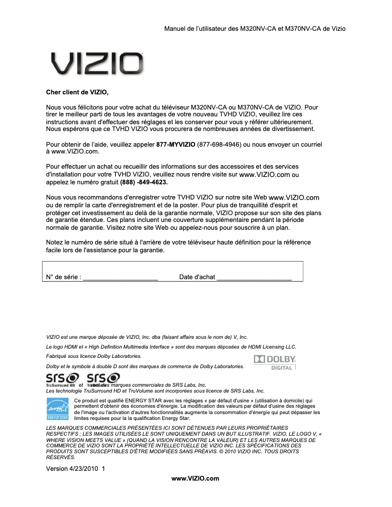 Page 1 de la notice Manuel utilisateur VIZIO M320NV-CA