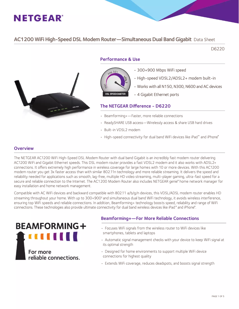 Page 1 de la notice Fiche technique Netgear D6220