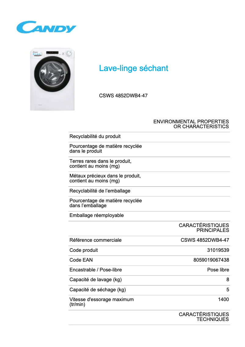 Page 1 de la notice Fiche technique Candy CSWS 4852DWB4-47