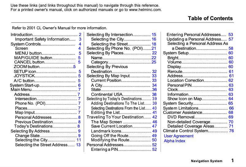 Page 1 de la notice Manuel utilisateur Acura CL (2001)