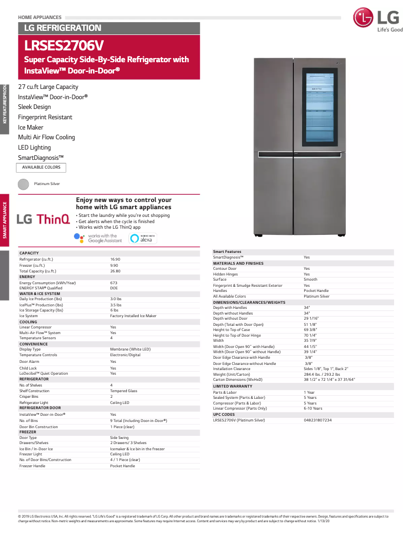 Page 1 de la notice Fiche technique LG LRSES2706V
