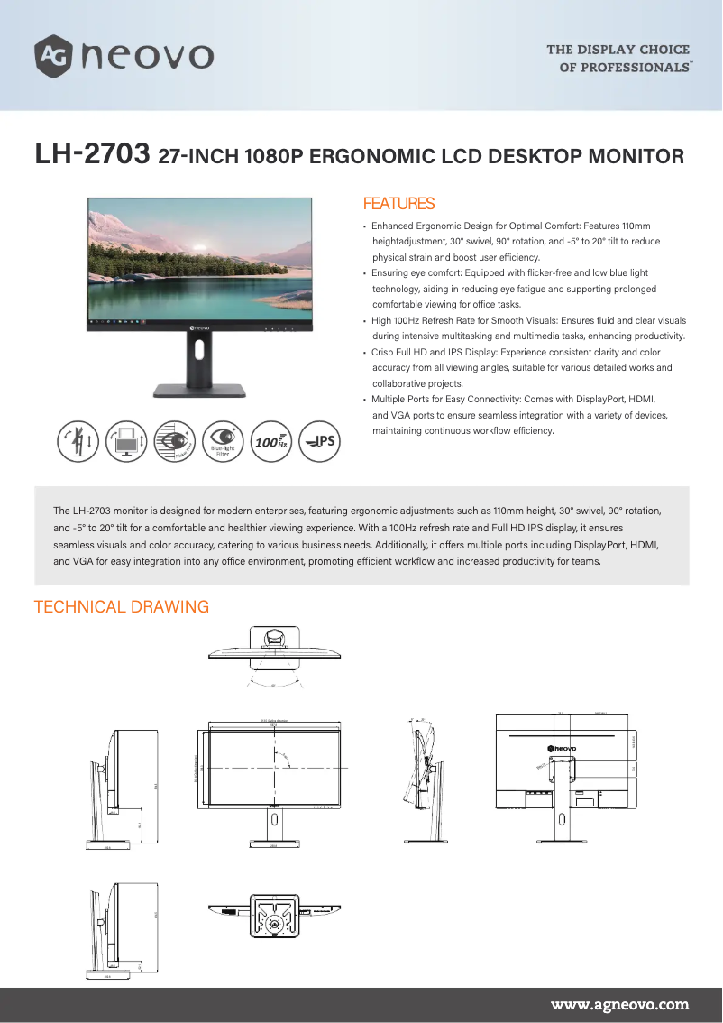 Page 1 de la notice Fiche technique AG Neovo LH-2703