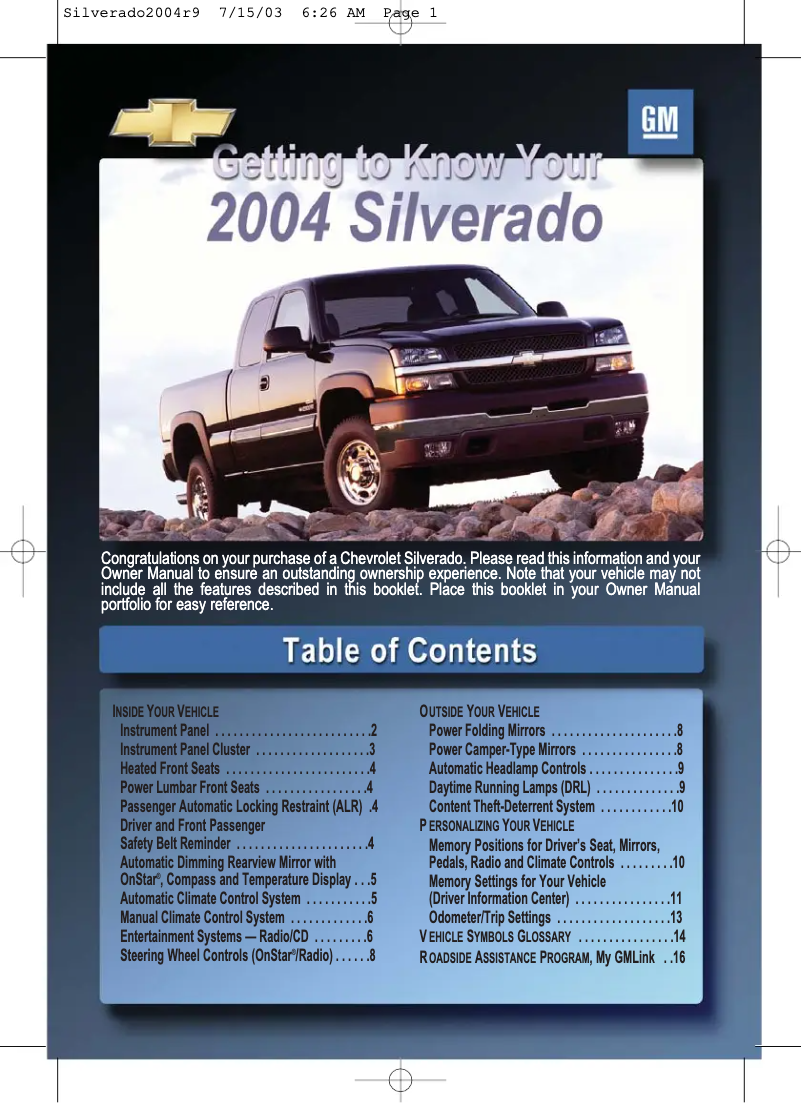 Image de la première page du manuel de l'appareil Silverado (2004)