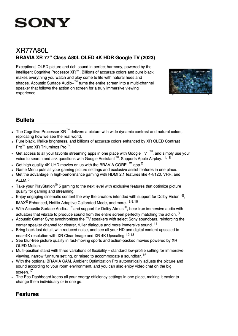 Página 1 del manual Ficha técnica Sony XR-77A80L