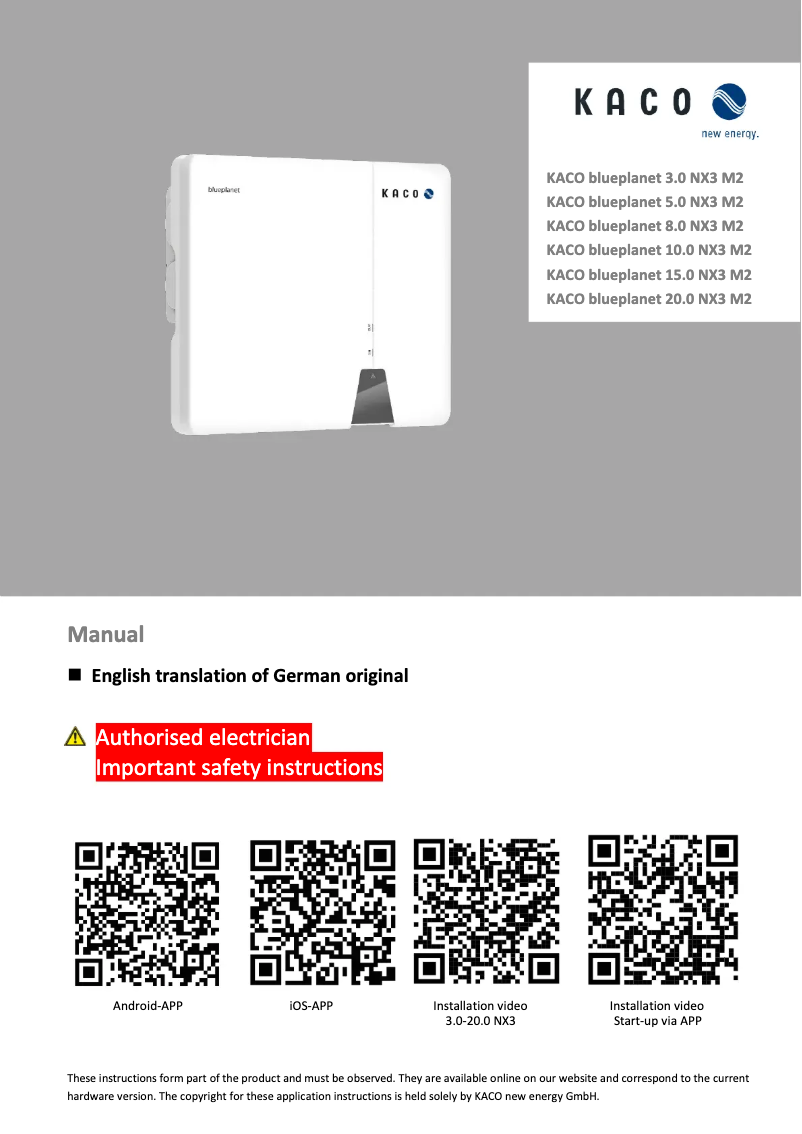 Page 1 de la notice Manuel utilisateur Kaco blueplanet 15.0 NX3 M2