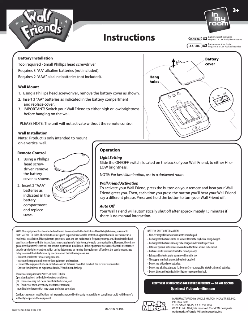 Page 1 de la notice Manuel utilisateur Uncle Milton Wall Friends: Cinderella