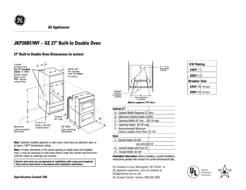 Page 1 de la notice Fiche technique GE JKP28BFBB