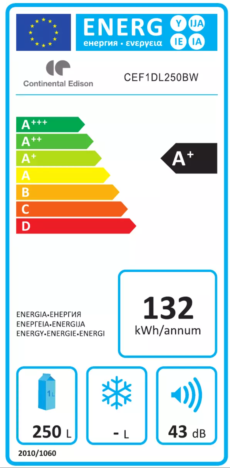 Page 1 de la notice Label énergétique Continental Edison CEF1DL250BS