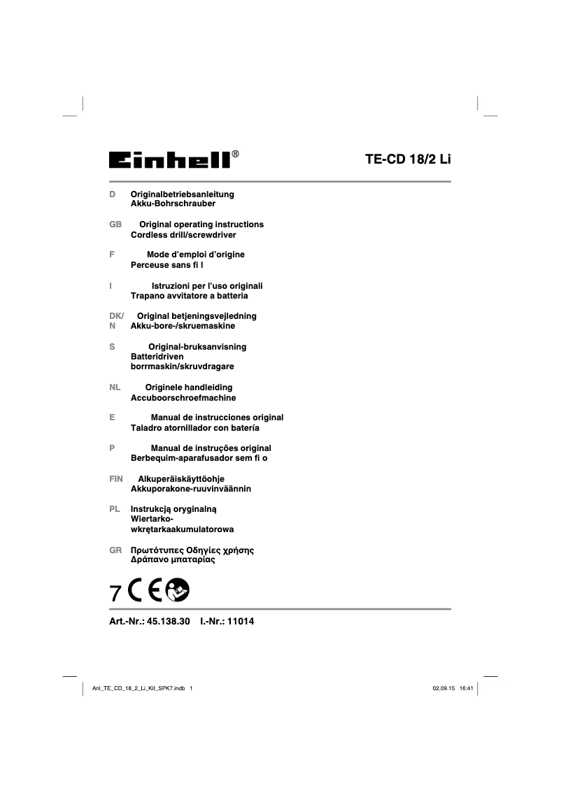 Page 1 de la notice Manuel utilisateur Einhell 4513830