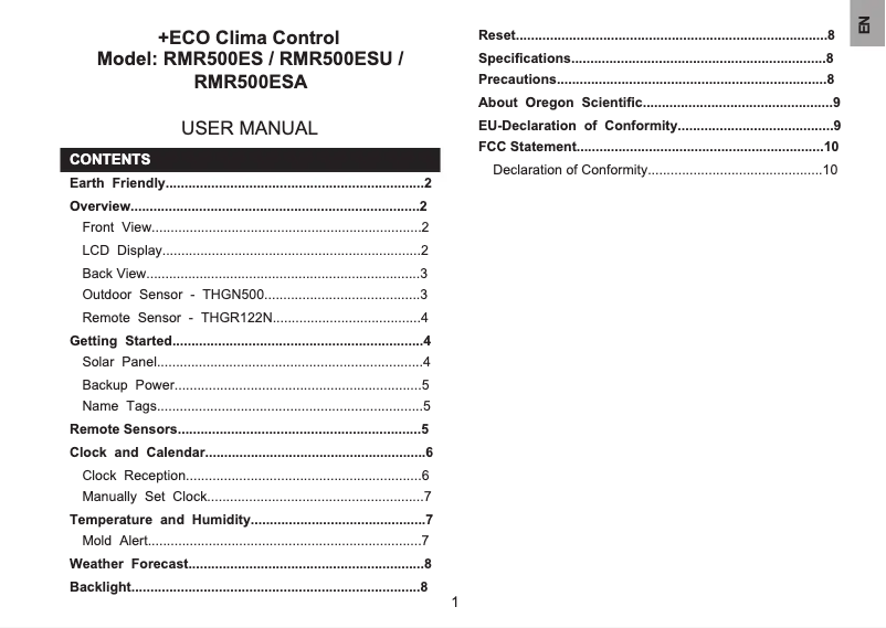 Page 1 de la notice Manuel utilisateur Oregon Scientific ECO Clima Control RMR500ESA