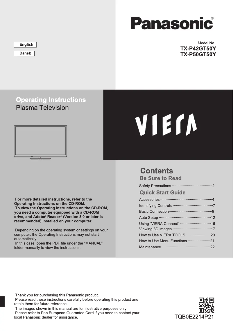 Page 1 de la notice Manuel utilisateur Panasonic Viera TX-P50GT50Y