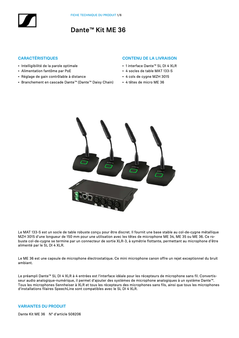 Page 1 de la notice Fiche technique Sennheiser SL DI 4 XLR