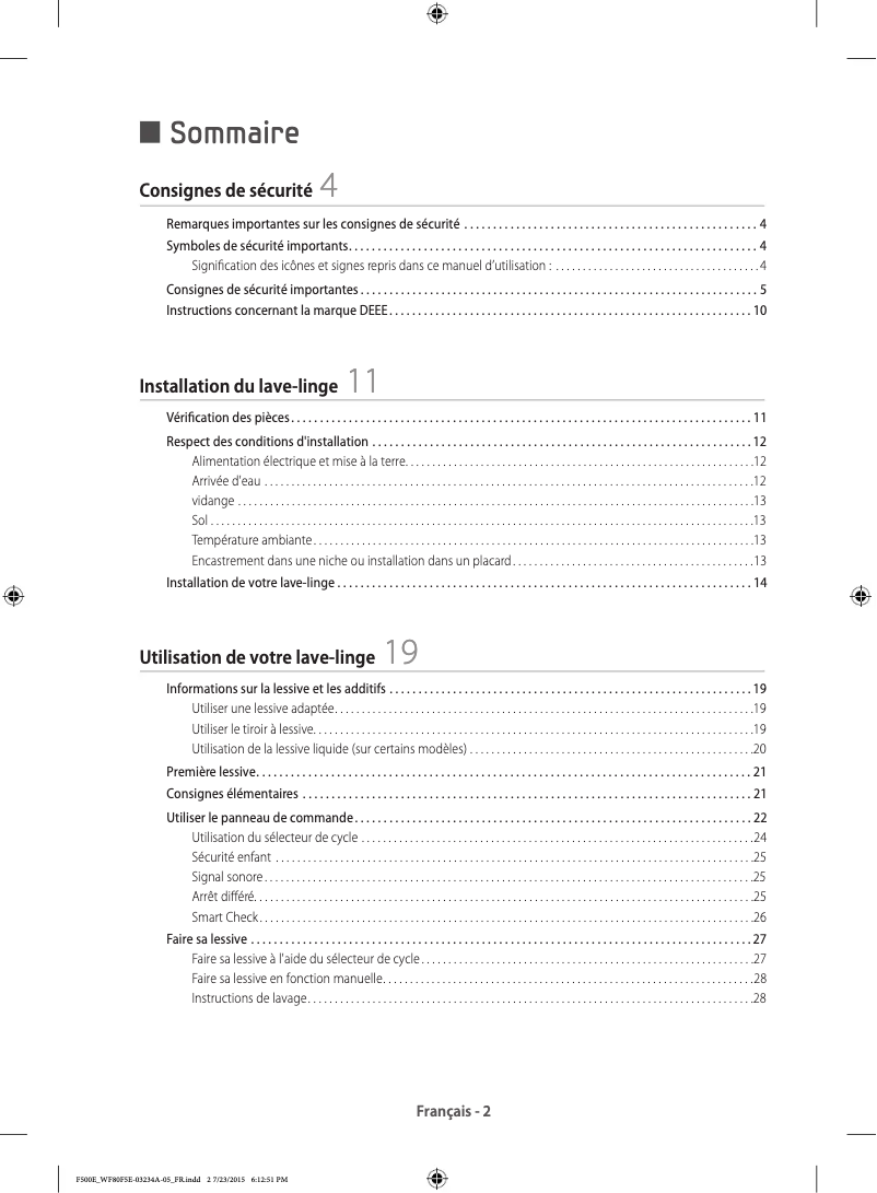Page 1 de la notice Guide d'installation Samsung WF80F5E3U2W