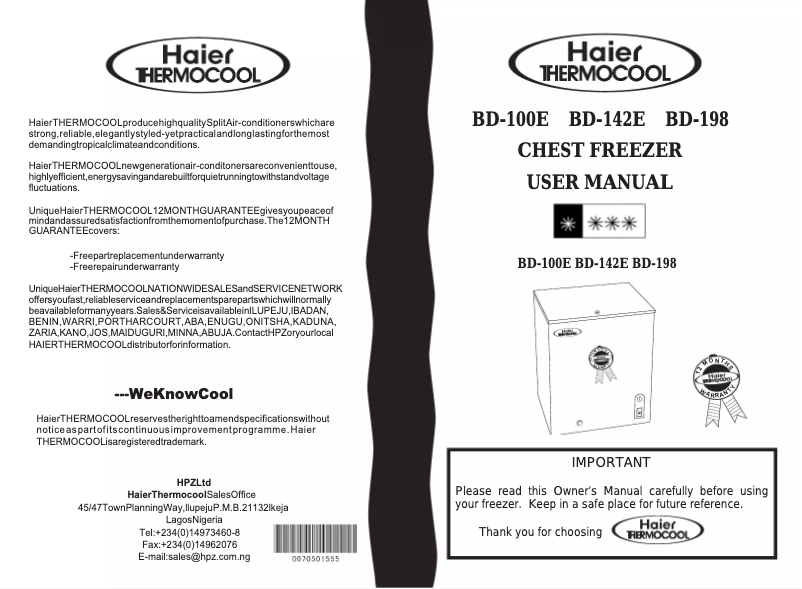 Page n°1 - Manuel utilisateur Haier-Thermocool BD-198