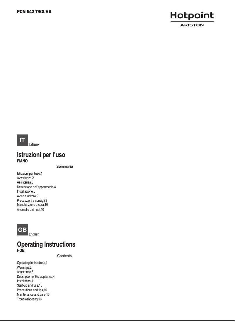 Page n°1 - Manuel utilisateur Hotpoint Ariston PCN 642 T/EX/HA