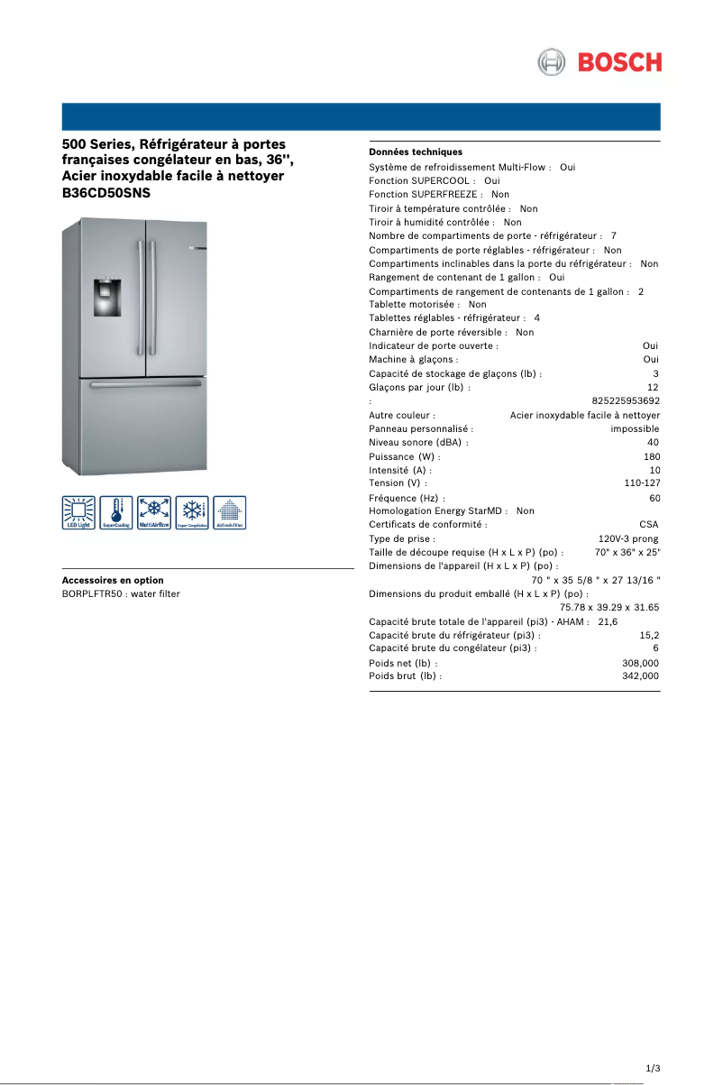 Página 1 del manual Ficha técnica Bosch B36CD50SNS