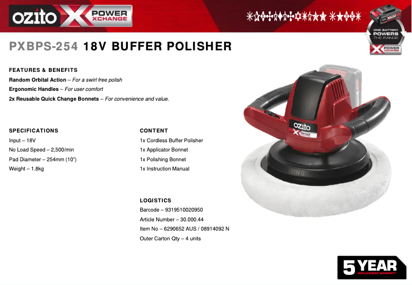 Página 1 del manual Ficha técnica Ozito PXBPS-254